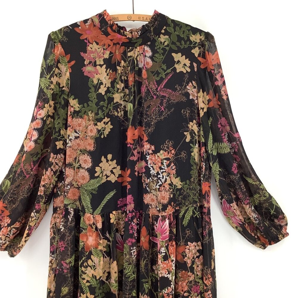 Melonie T High Ruffle Collar Dress Size 12 Black Floral Multicolor Whimsigoth - Picture 2 of 7
